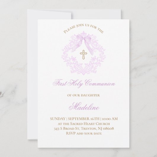 watercolor lilac crest First Holy Communion 招待状 (裏面)