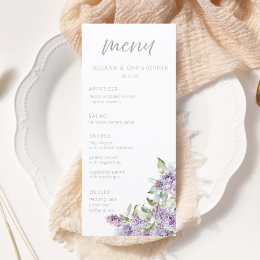 Watercolor Lilac Floral Wedding Menu Card  メニュー