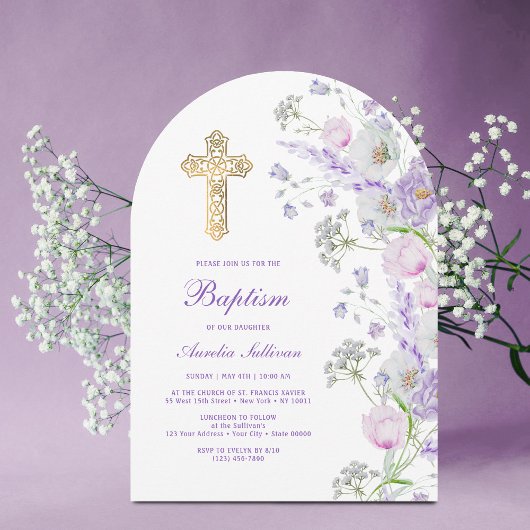 Watercolor Lilac Flowers Arch Baptism 招待状