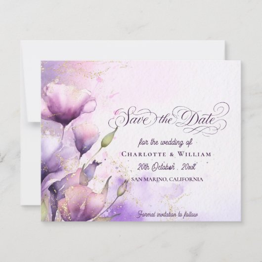 Watercolor Lilac Flowers Wedding Save the Date (正面)