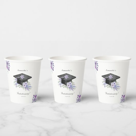 Watercolor lilac Purple Floral Graduation  紙コップ (複数)