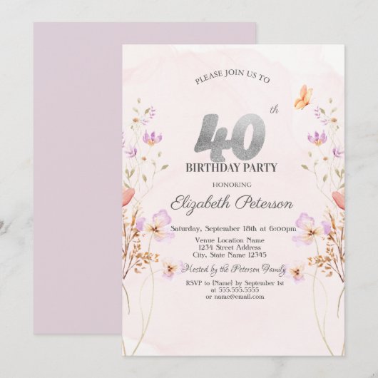 Watercolor Lilac Wildflowers Purple 40th Birthday 招待状 (正面/裏面)