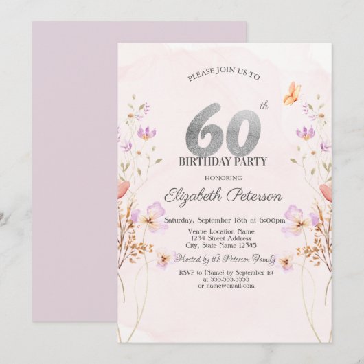 Watercolor Lilac Wildflowers Purple 60th Birthday 招待状 (正面/裏面)