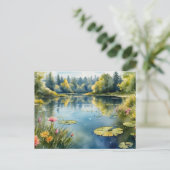 Watercolor Lily Pond, Forest, Nature  ポストカード (スタンド正面)