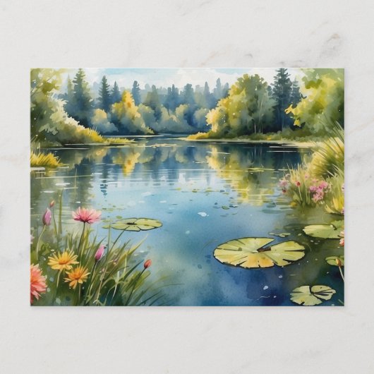 Watercolor Lily Pond, Forest, Nature  ポストカード (正面)