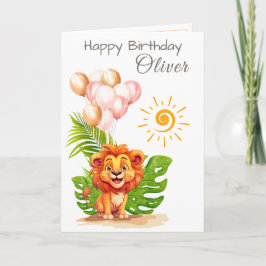 Watercolor Lion Kids Birthday Card with Name カード