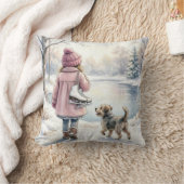 Watercolor Little Girl With Ice Skates and Dog クッション (ブランケット)