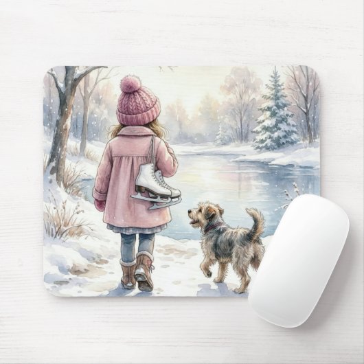 Watercolor Little Girl With Ice Skates and Dog マウスパッド (マウス)
