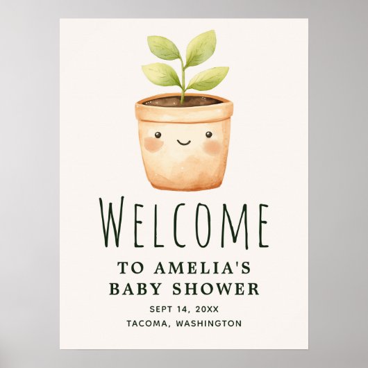 Watercolor Little Sprout Baby Shower Welcome Sign ポスター (正面)