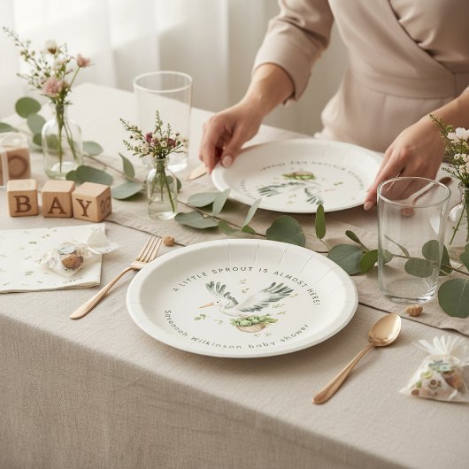 Watercolor Little Sprout stork Baby Shower ペーパープレート