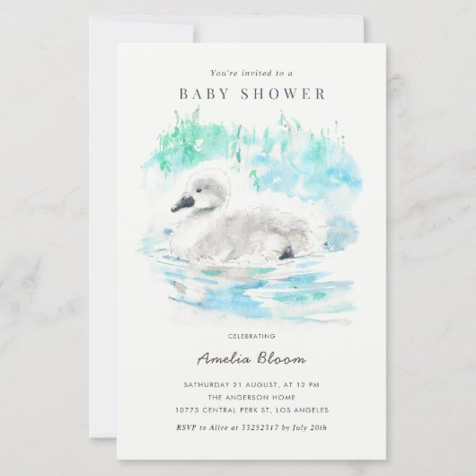 Watercolor Little Swan Baby Shower Invitation (正面)