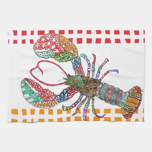 Watercolor Lobster Crustacean Kitchen Towel キッチンタオル (横)
