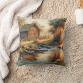 Watercolor Log Cabin In Morning Mist クッション (ブランケット)