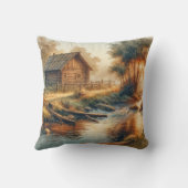 Watercolor Log Cabin In Morning Mist クッション (裏面)