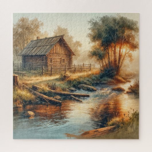 Watercolor Log Cabin In Morning Mist ジグソーパズル (縦)