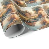 Watercolor Log Cabin In Morning Mist ラッピングペーパー (ロールコーナー)