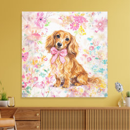Watercolor Long Hair Dachshund Pastel Floral キャンバスプリント