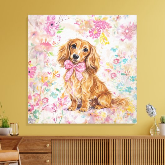 Watercolor Long Hair Dachshund Pastel Floral キャンバスプリント (インサイチュ (リビング))