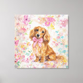 Watercolor Long Hair Dachshund Pastel Floral キャンバスプリント (正面)