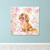 Watercolor Long Hair Dachshund Pastel Floral キャンバスプリント (インサイチュ (ウッドフロア))