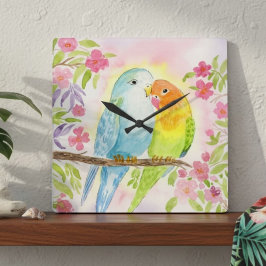 Watercolor Love Birds with Pink Flowers スクエア壁時計