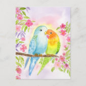 Watercolor Love Birds with Pink Flowers ポストカード (正面)