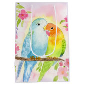 Watercolor Love Birds with Pink Flowers ミディアムペーパーバッグ (裏面)