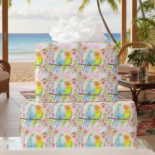 Watercolor Love Birds with Pink Flowers ラッピングペーパー