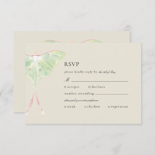 Watercolor Luna Moth Wedding 出欠カード (正面/裏面)