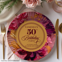 Watercolor Magenta Pink Gold 50th Birthday Plates