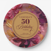 Watercolor Magenta Pink Gold 50th Birthday Plates ペーパープレート (正面)