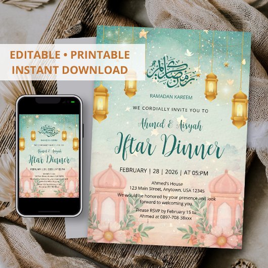 Watercolor Magical Teal and Peach Iftar Invitation 招待状