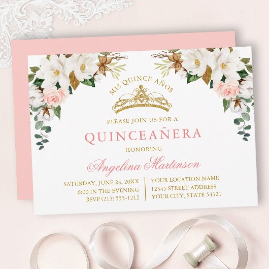 Watercolor Magnolias Pink Roses Gold Quinceanera 招待状