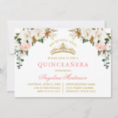 Watercolor Magnolias Pink Roses Gold Quinceanera 招待状 (正面)