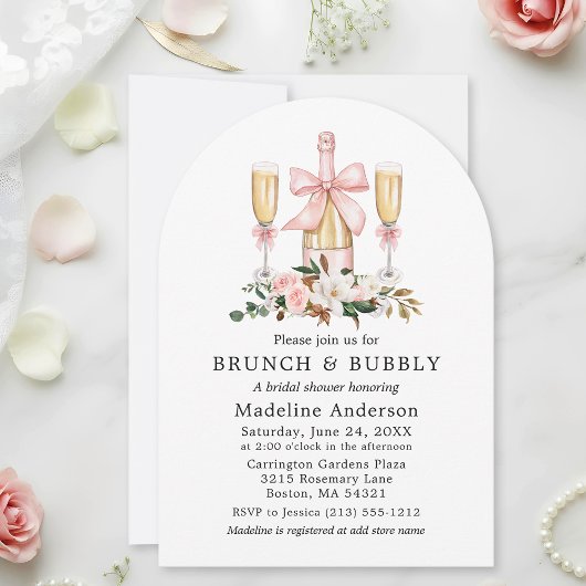 Watercolor Magnolias Roses Bridal Brunch Pink Bow 招待状