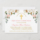 Watercolor Magnolias Roses Gold Communion 招待状 (正面)