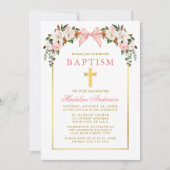Watercolor Magnolias Roses Pink Bow Gold Baptism 招待状 (正面)