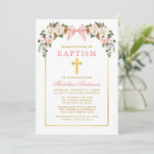 Watercolor Magnolias Roses Pink Bow Gold Baptism 招待状 (スタンド正面)