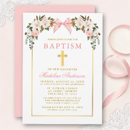 Watercolor Magnolias Roses Pink Bow Gold Baptism 招待状