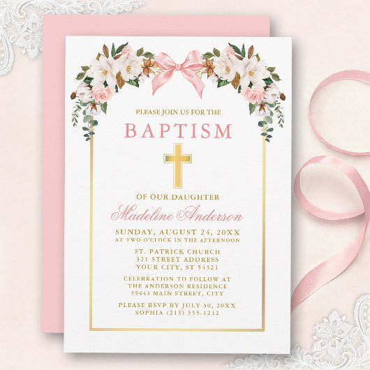 Watercolor Magnolias Roses Pink Bow Gold Baptism 招待状