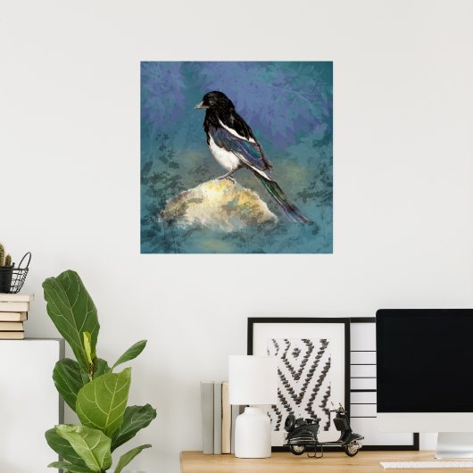 Watercolor Magpie Bird Nature Art ポスター (ホームオフィス)