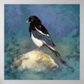 Watercolor Magpie Bird Nature Art ポスター (正面)