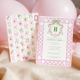 Watercolor Mahjong Monogram Crest Bamboo Party 招待状