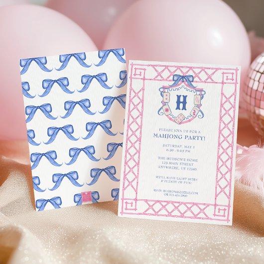 Watercolor Mahjong Monogram Crest Bamboo Party 招待状