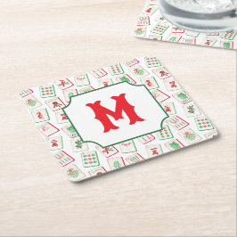 Watercolor Mahjong Red & Green Christmas  Monogram スクエアペーパーコースター