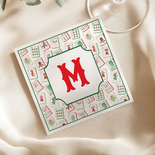 Watercolor Mahjong Red & Green Christmas Monogram スタンダードカクテルナプキン