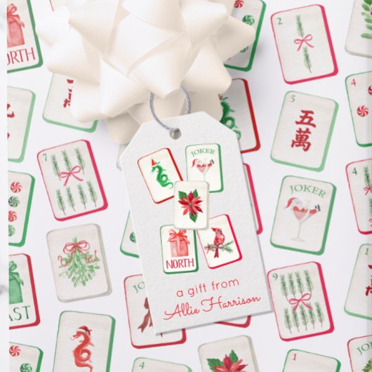Watercolor Mahjong Red & Green Christmas Tiles ギフトタグ