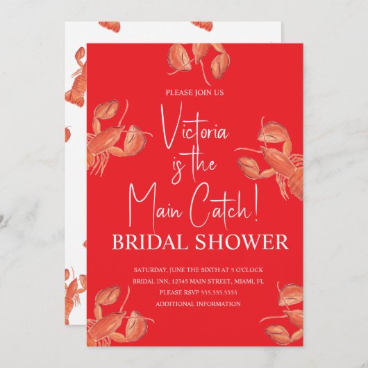 Watercolor Main Catch Lobster Bridal Shower 招待状 (正面/裏面)