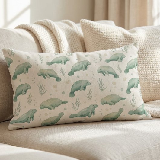 Watercolor Manatee Throw Pillow ランバークッション