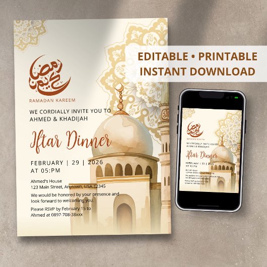 Watercolor Mandala Mosque Ramadan Iftar Invitation 招待状